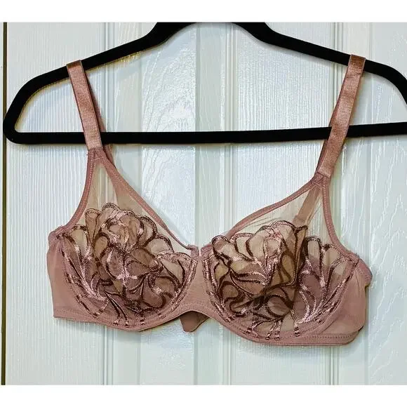 Paramour Rose Tan Lotus Embroidered Lace Bra Unlined Size 36D Sheer Sculpting - Picture 2 of 6